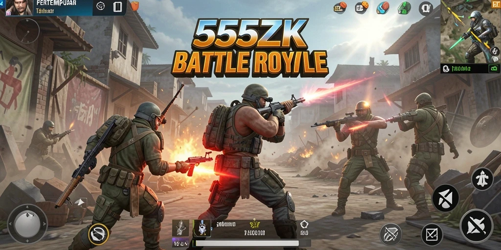 Screenshot utama 555ZK menampilkan aksi pertempuran yang intens di Battle Royale.