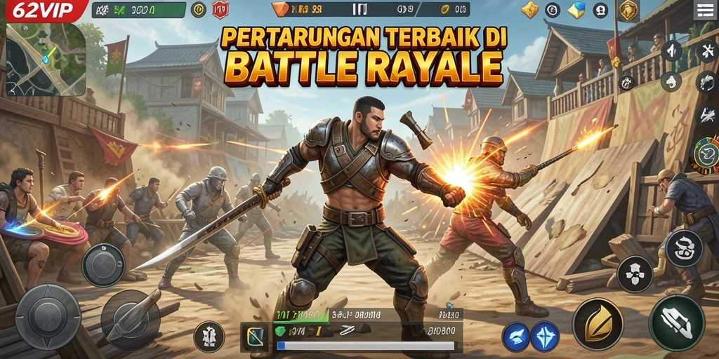 Tangkapan layar utama 62VIP menampilkan aksi seru dalam pertarungan Battle Royale.