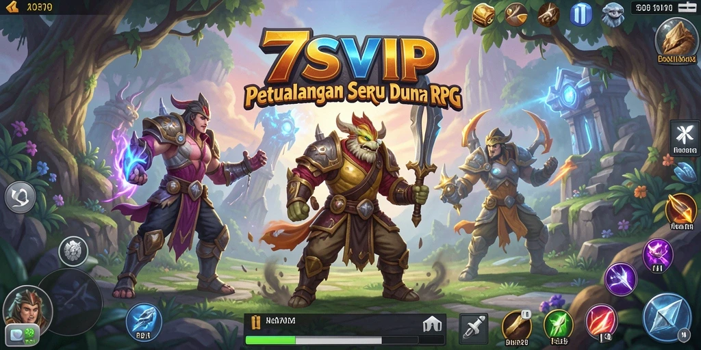 Tampilan gameplay RPG yang epik di 7SVIP dengan karakter dan senjata menarik.