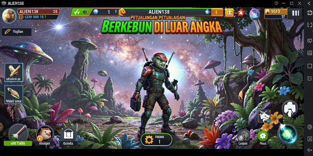Tangkapan layar gameplay ALIEN138 menunjukkan kebun yang indah dan interaksi yang dinamis.