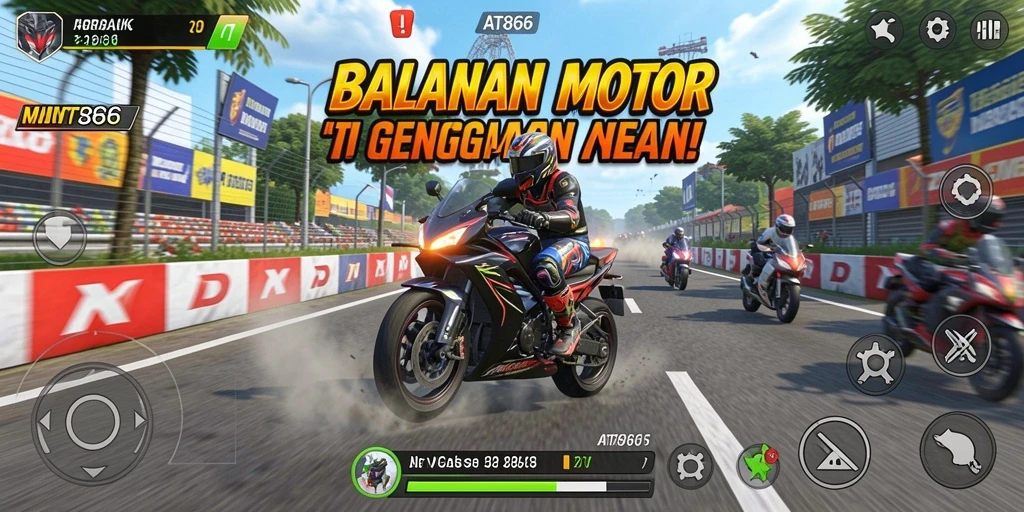 Screenshot AT866 menampilkan aksi balapan motor yang mendebarkan.