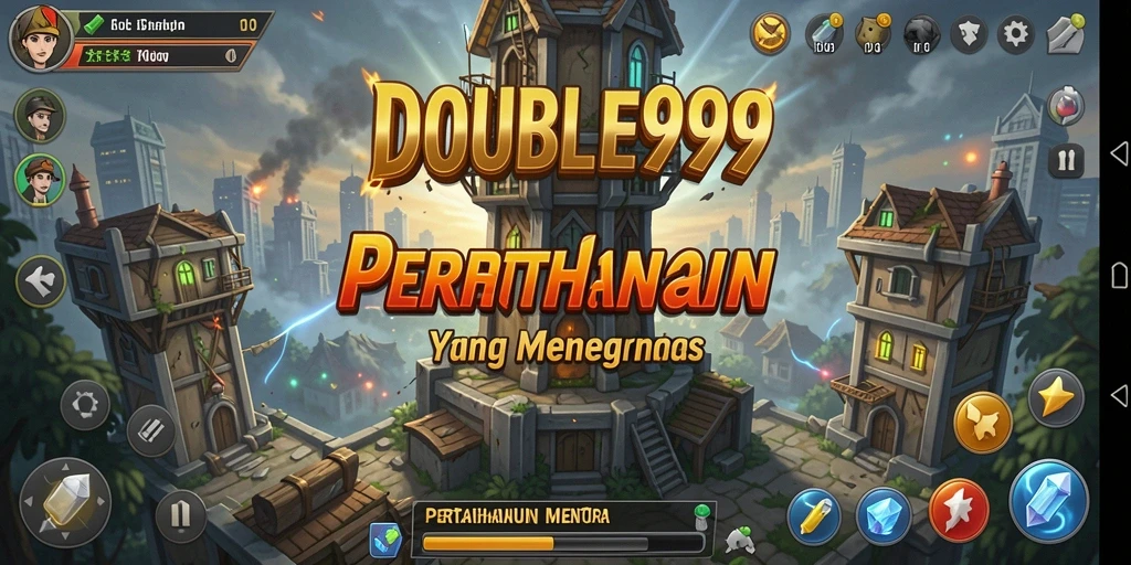 Tampilan menara strategis bersiap menghadapi gelombang musuh di DOUBLE999.