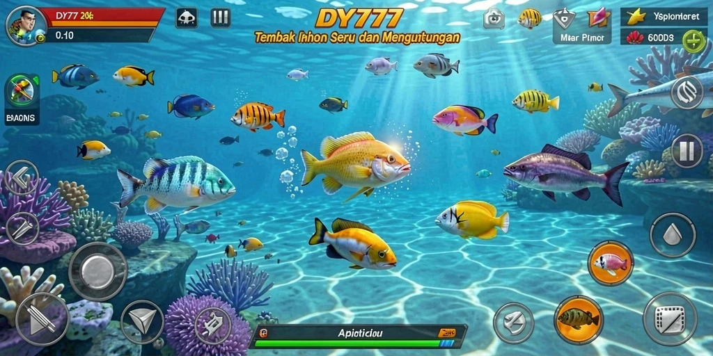 Screenshot DY777 menampilkan aksi menembak ikan yang seru.