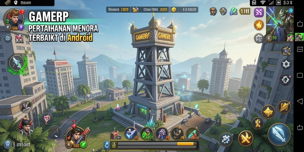 Tampilan gameplay GAMERP dengan menara pertahanan yang strategis.