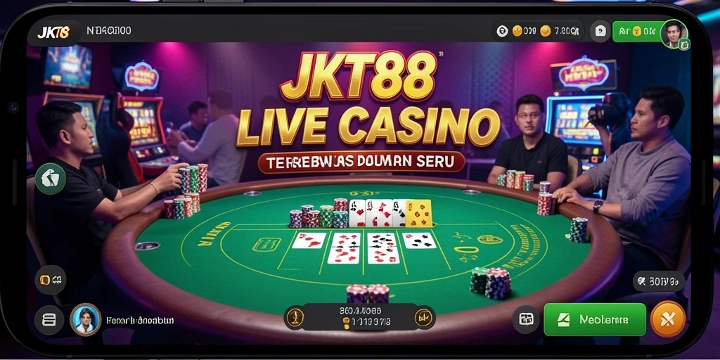 Screenshot gameplay JKT88 menampilkan dealer langsung dan suasana permainan casino.