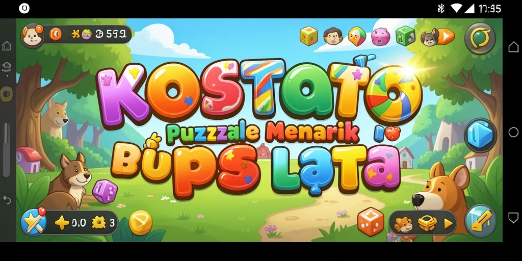 Screenshot gameplay KOSTOTO menampilkan level teka-teki yang penuh warna.