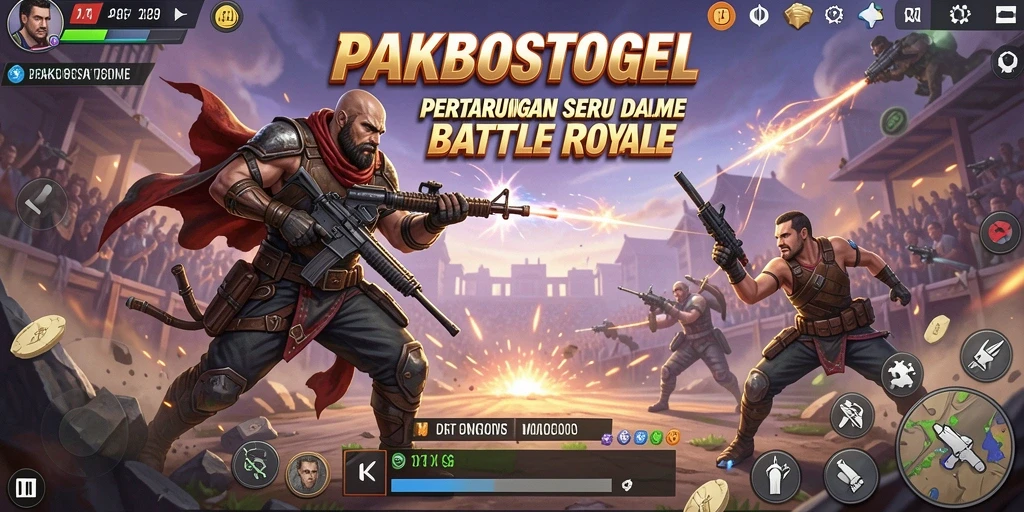 Tangkapan layar gameplay PAKBOSTOGEL dengan aksi Battle Royale yang intens.