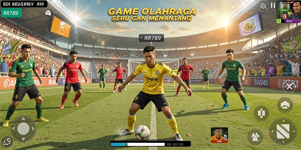 Screenshot utama RR789 menampilkan aksi seru di lapangan olahraga.