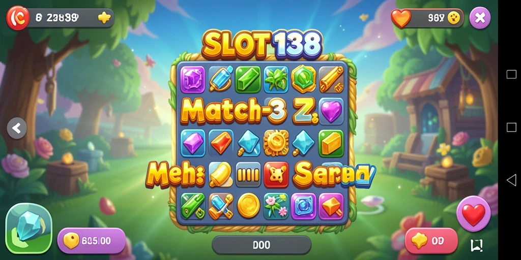 Tampilan gameplay SLOT138 yang menarik dan penuh warna dalam kategori Match-3.