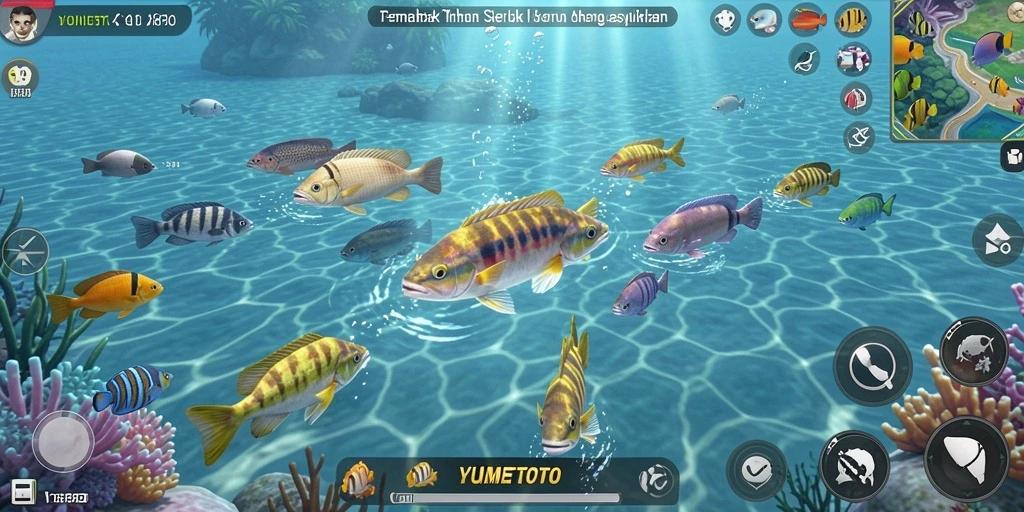 Screenshot gameplay YUMETOTO menampilkan aksi seru menembak ikan.